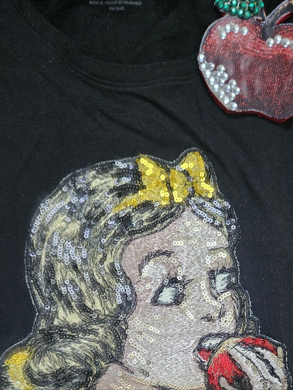 Black Graphic Snow White Tee with an Apple Brooch with Crystals